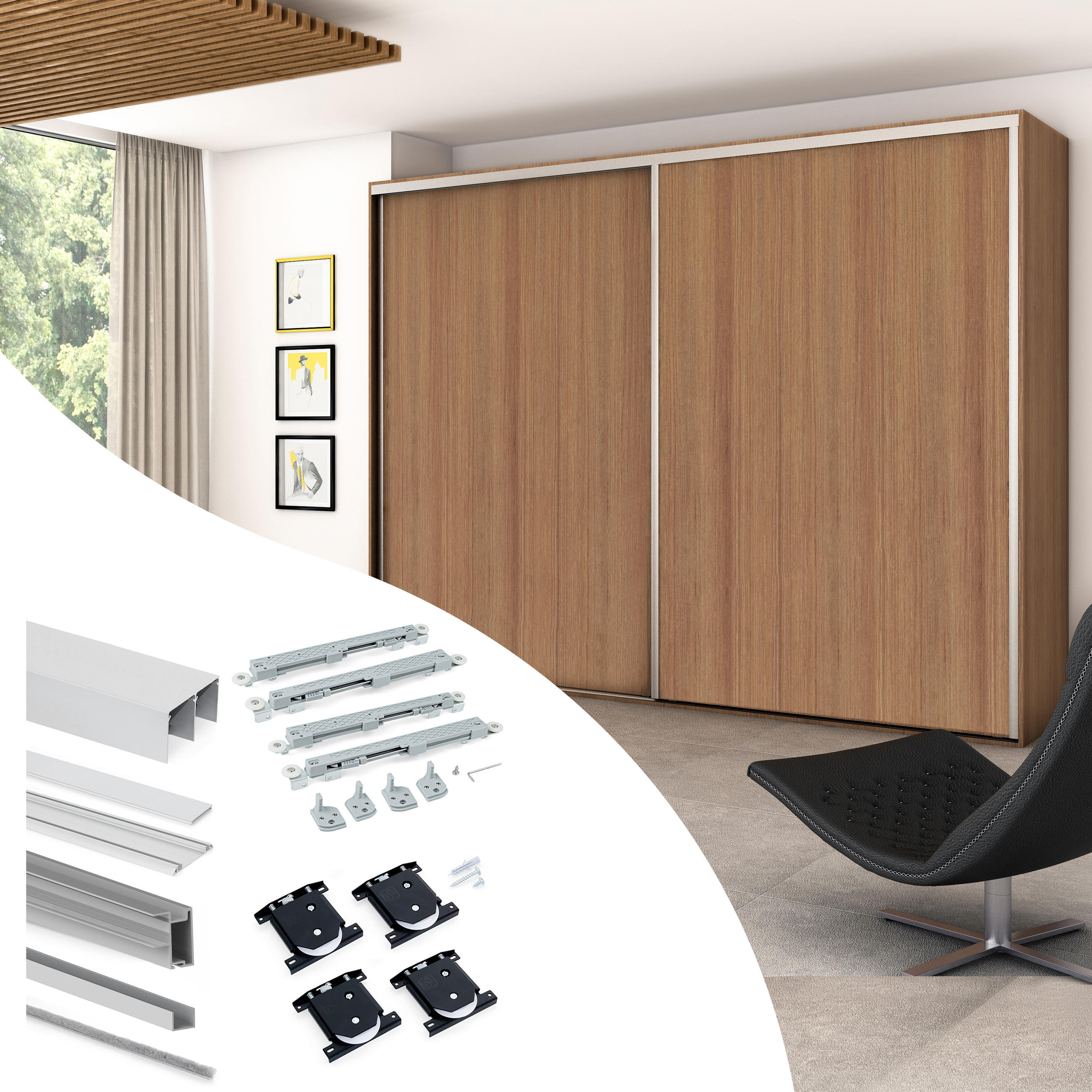 HARDWARE SET für Placard 81 2-schiebig und sanft Schliessend Kleiderschrank, Sharp Profil, Dicke 16mm, Paneele nicht inbegriffen, Matt eloxiert - Dunkelgrau, Metall (8/6/235cm) - EMUCA