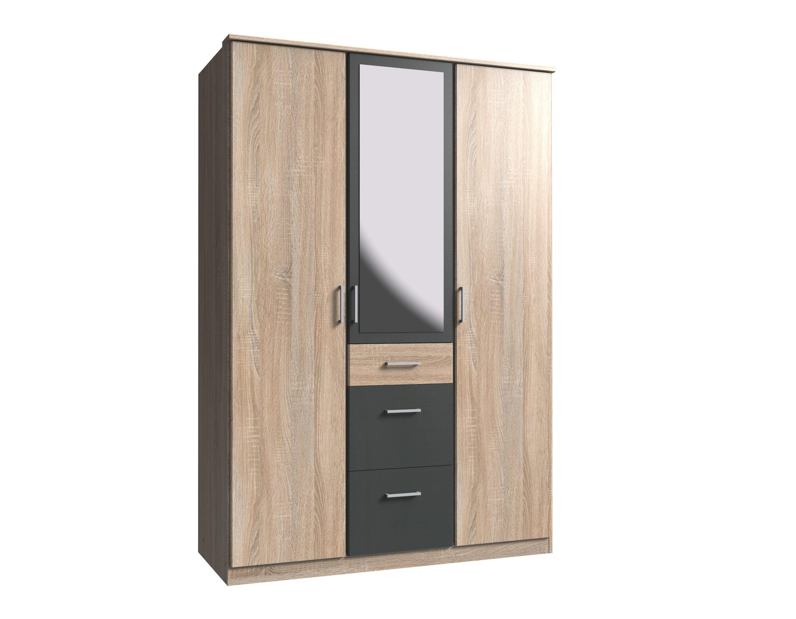 KLEIDERSCHRANK Click in Eiche Sägerau mit Grafit - Drehtürenschrank 135 cm Breite mit Spiegel - Braun, Holzwerkstoff (135/199/58cm)