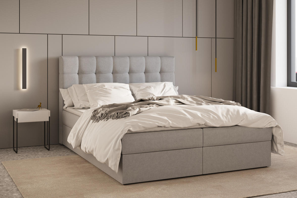 BOXBETT - Bett 05 OSLO - Hugo - 140x200 cm - mit Bettkasten und Waschbarem Topper - Hellgrau, Holz (140/200cm) - ROYAL24_MARKT
