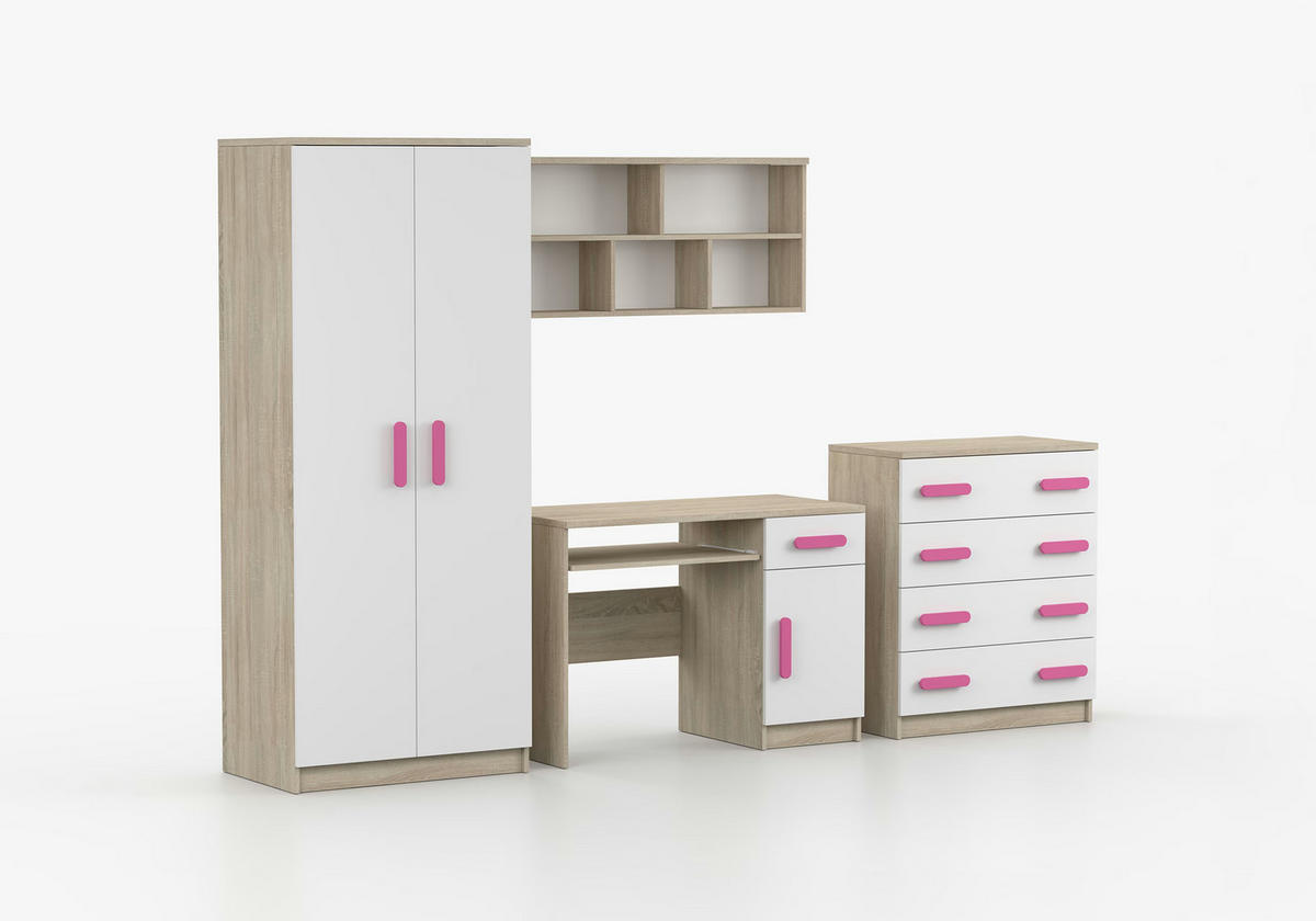 JUGENDZIMMER Elora in Eiche und Weiß – 4-teiliges Set mit Schreibtisch, Kommode, Wandregal und Schrank – Grifffarbe Rosa - Braun, Holzwerkstoff (80/200/120cm)