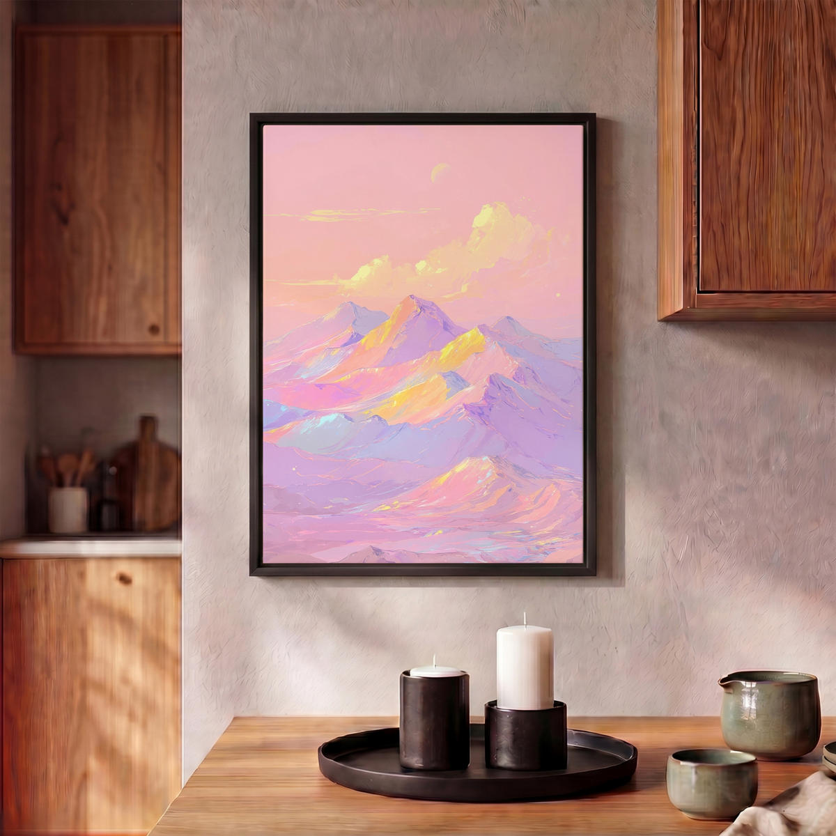 LEINWAND Bilder mit Rahmen - Berggipfel - Wolken - Verträumt - 30x40 - Hellrosa, Textil (30/40cm) - MuchoWow
