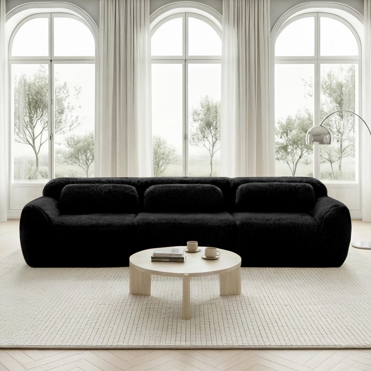 3-SITZER Sofa 291x104x73 cm aus Plüschstoff rahmenlos modular, schwarz - Schwarz, Textil (104/73/291cm)