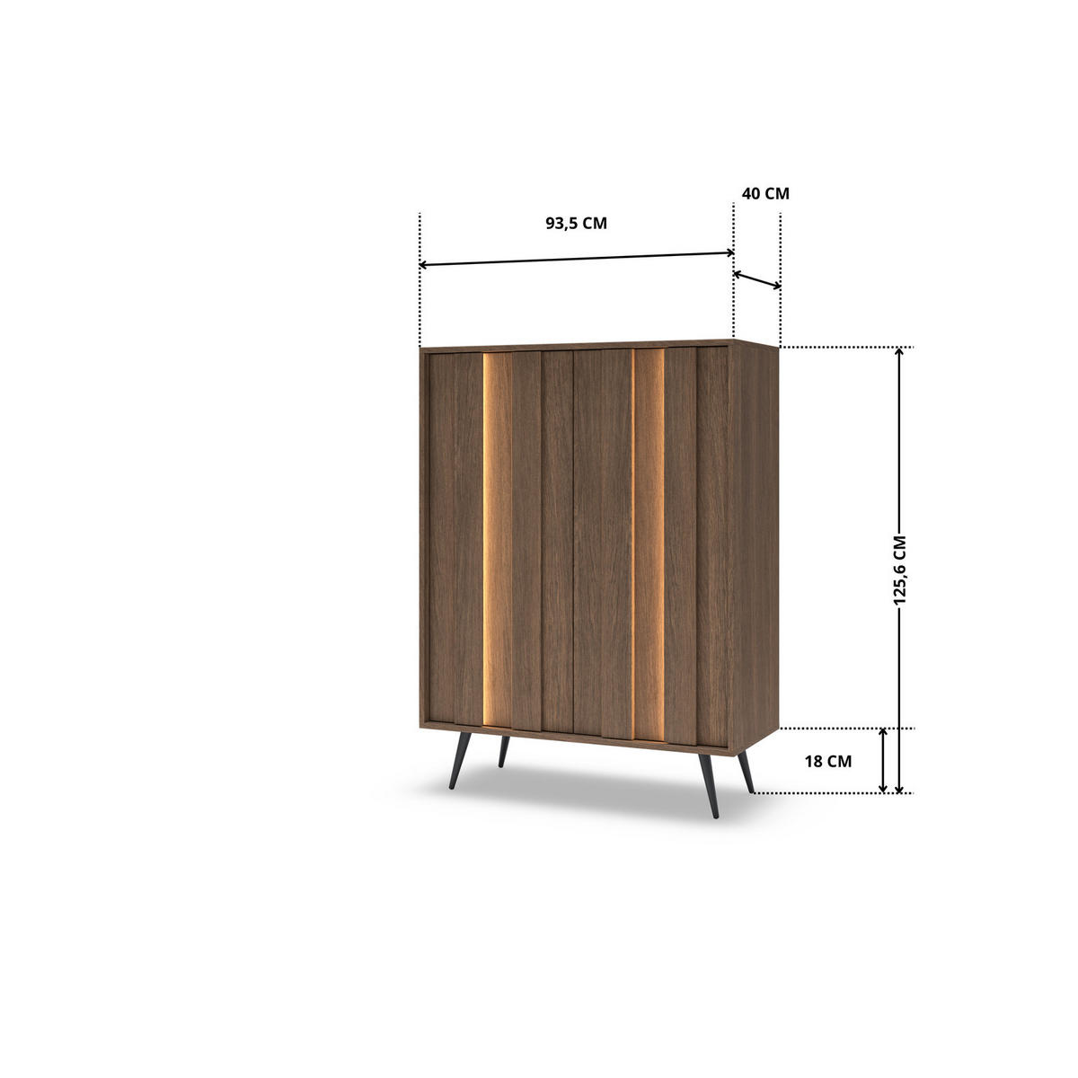 HIGHBOARD LUPO 93 cm Eiche Dunin - mit 2 Türen, LED und Metallfüßen - Eichefarben/Schwarz, Holz/Holzwerkstoff (93/126/40cm) - Ravio
