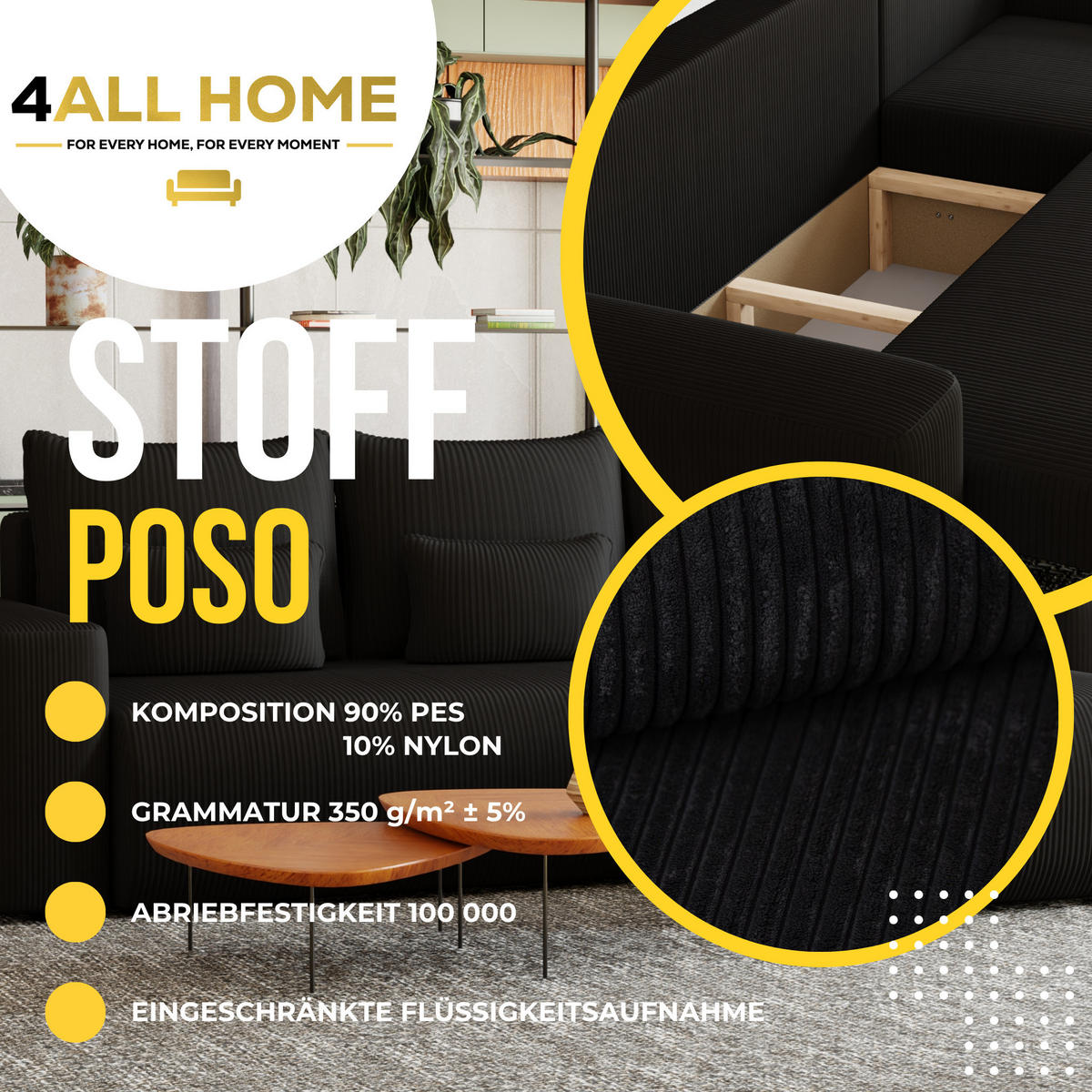 ECKSOFA Travis mit Bettkasten und Schlaffunktion, L-Form, Cord, Universal - Schwarz, Holzwerkstoff (248/148cm) - 4ALL HOME