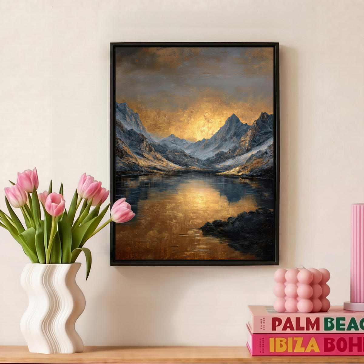 LEINWAND Bilder mit Rahmen - Bergkulisse mit goldenem Sonnenuntergang - 30x40 - Goldfarben, Textil (30/40cm) - MuchoWow