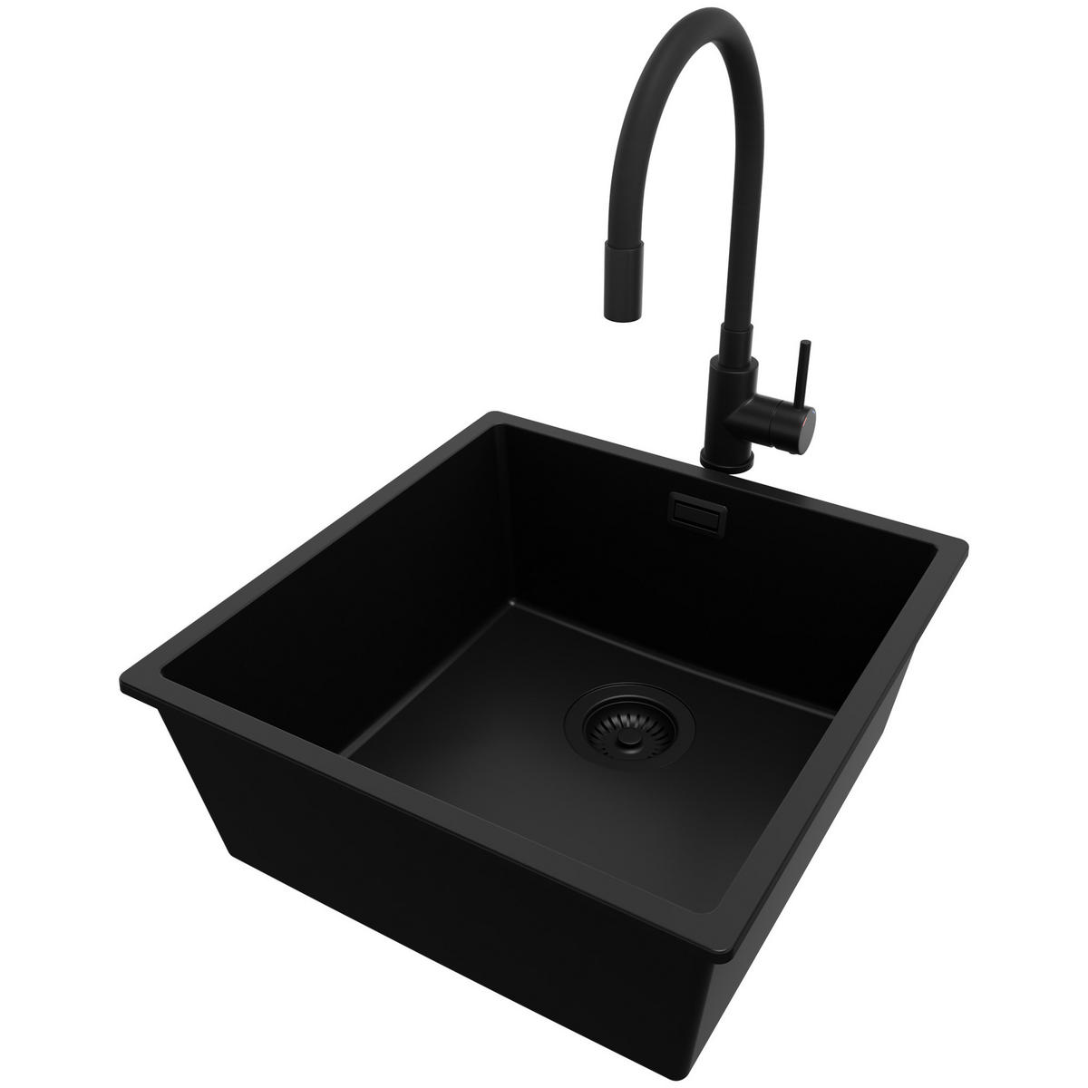 GRANITSPÜLE London Slim, 2-er set Alles Schwarz 46/47 cm 1 Becken + Küchenarmatur 40/38 cm + Ablauf-Set ab 50er Unterschrank - Schwarz, Kunststoff (46/20/47cm) - Primagran