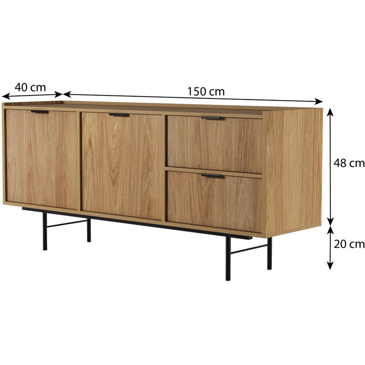KOMMODE Evron mit 2 Schubalden und 2 Türen, Walnuss - Walnussfarben/Schwarz, Holzwerkstoff/Metall (150/68/40cm) - Beautysofa