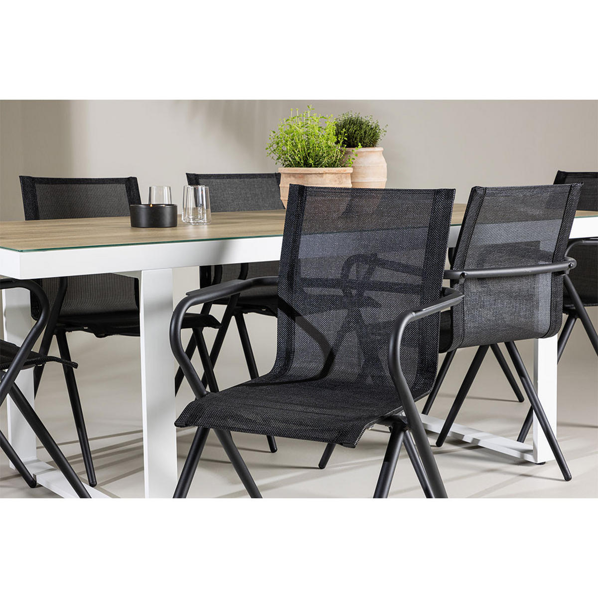 GARTENSET, Merlo, Tisch Weiß, Stühle Schwarz, Metall / Stoff, 90 x 200 x 75 cm, 7-teilig - Weiß, Metall - ebuy24