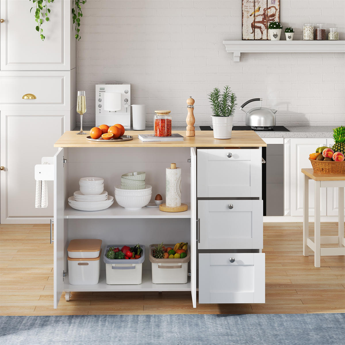 KÜCHENINSEL 135/44/90 cm Weiß/Natur aus MDF mit klappbarer Arbeitsplatte - Weiß, Holzwerkstoff (135/90/44cm) - OKWISH