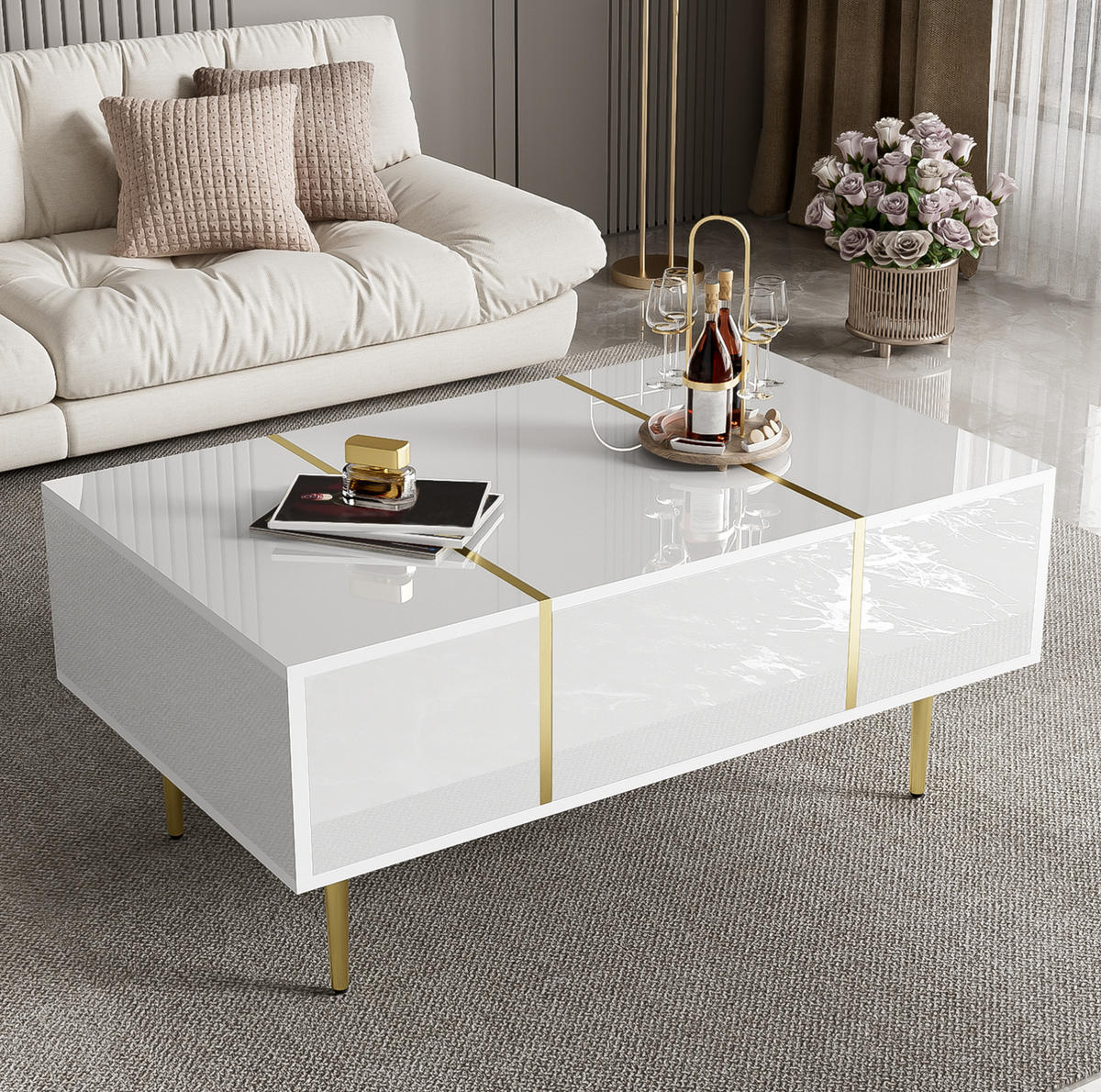 COUCHTISCH 100/60/41.5 cm Weiß Hochglanz aus MDF mit 2 Schubladen - Weiß, Holzwerkstoff (100/60/41.5cm) - OKMYHOME