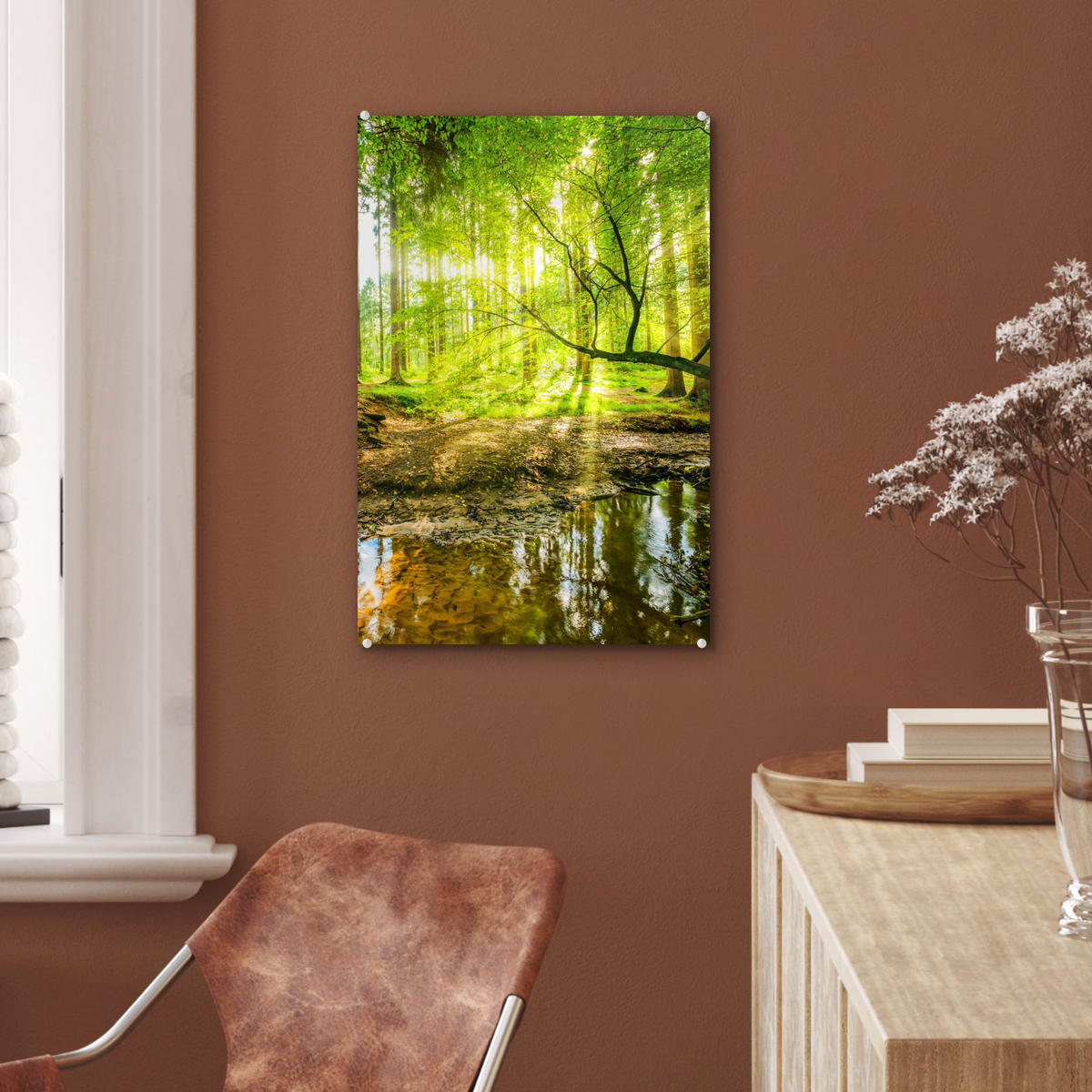 ACRYLGLASBILD Wald - Landschaft - Wasser - Bäume - Sonne - Grün - Natur 40x60 cm - Grün, Glas (40/60cm) - MuchoWow