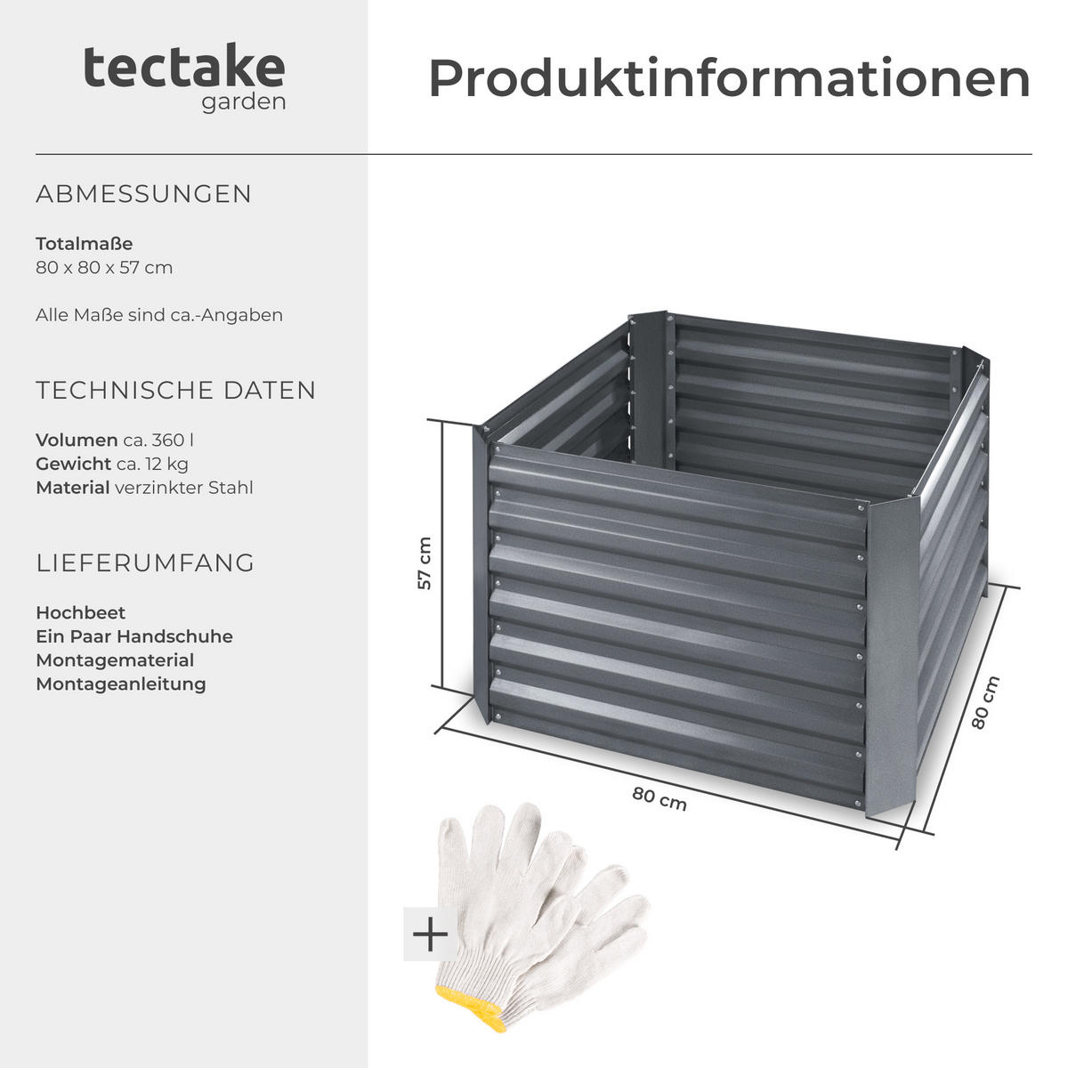 HOCHBEET Artemisia,80 x 80 x 57 cm,grau - Grau, Metall (80/57/80cm) - tectake
