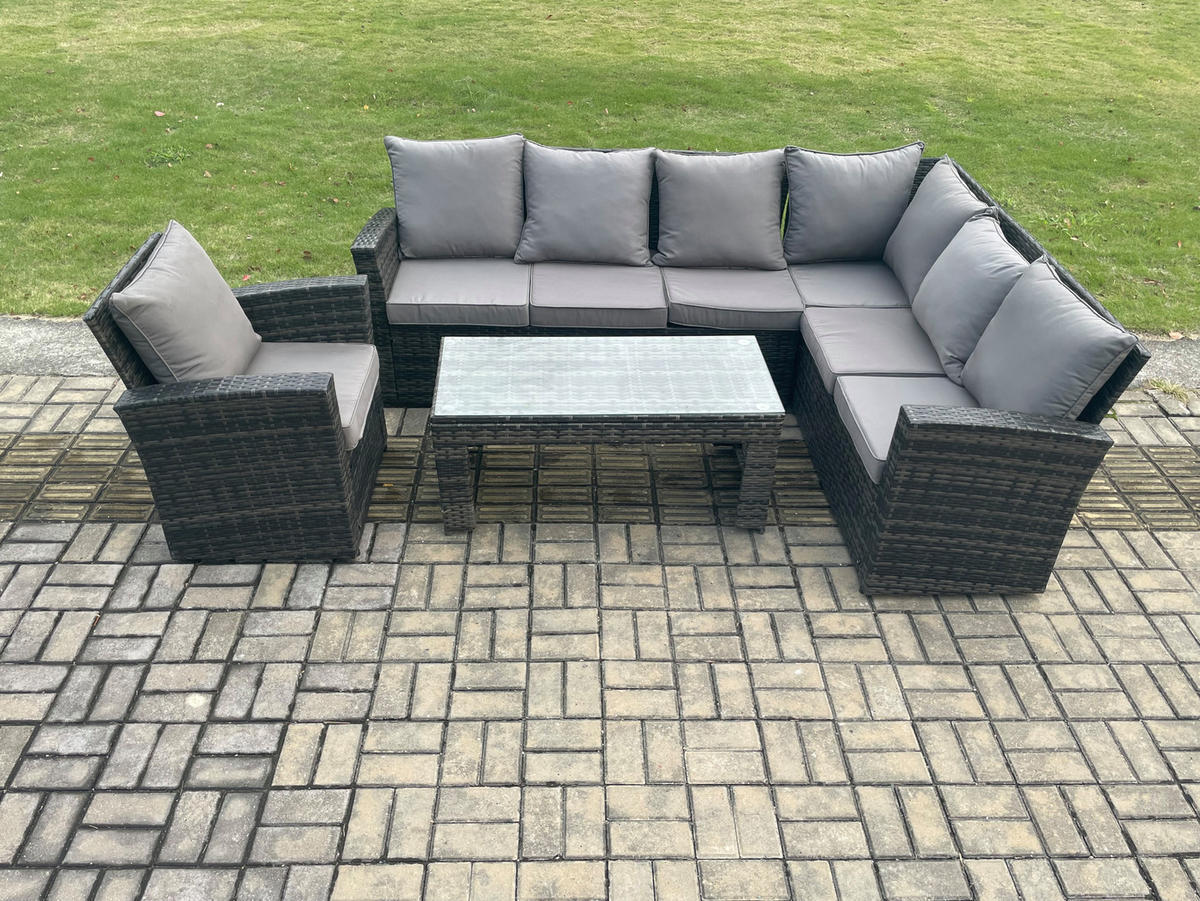 LOUNGEGARNITUR mit Couchtisch Sofa Polyrattan Dunkelgrau 7-Sitzer - Dunkelgrau/Grau, Glas/Kunststoff - Fimous