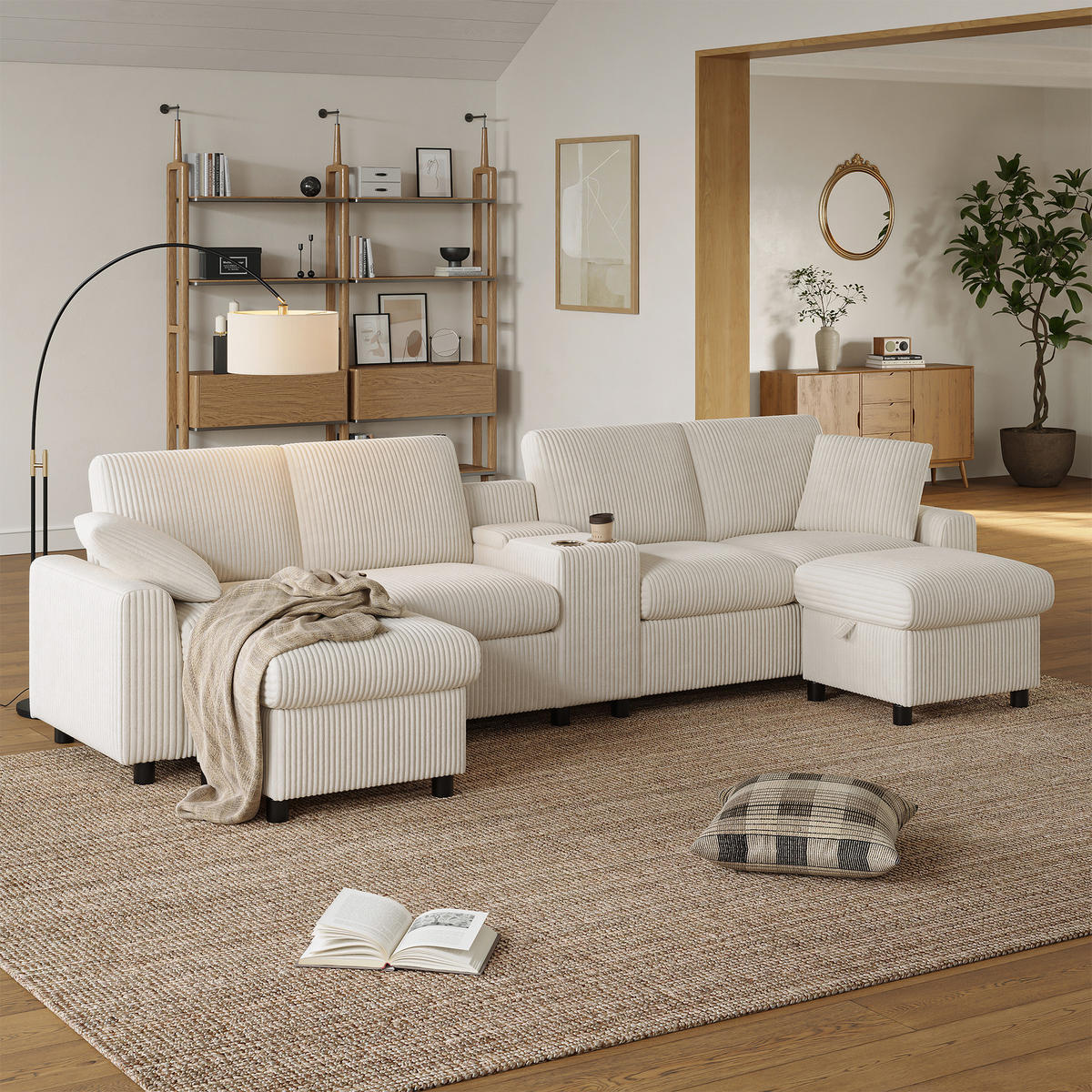 ECKSOFA 315/135/81 cm Beige mit 2 Fußhocker mit Stauraum und 1 Couchtisch - Beige, Textil (315/135cm) - Oxeza