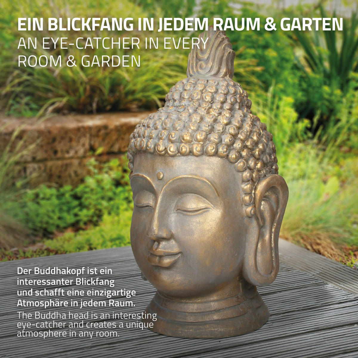 BUDDHA KOPF STATUE 74,5 cm Bronzeoptik aus Polyresin - Bronzefarben, Kunststoff (38/74.5/42cm) - ECD-Germany