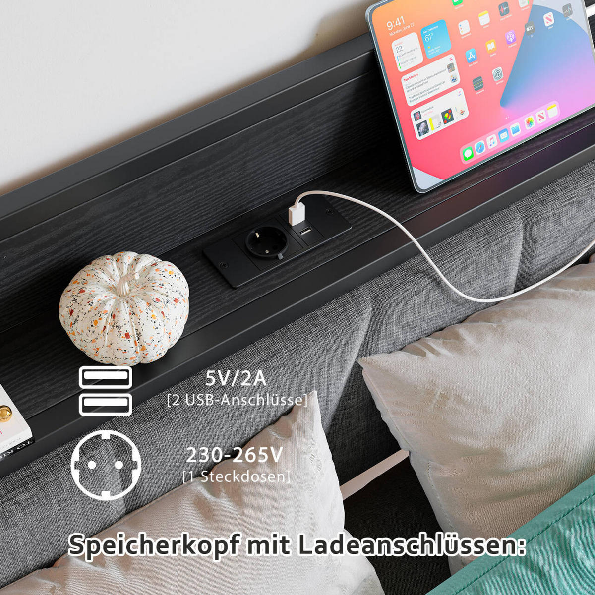 METALLBETT 140/200 cm Schwarz mit LED und USB - Schwarz, Metall (140/200cm) - Oxeza