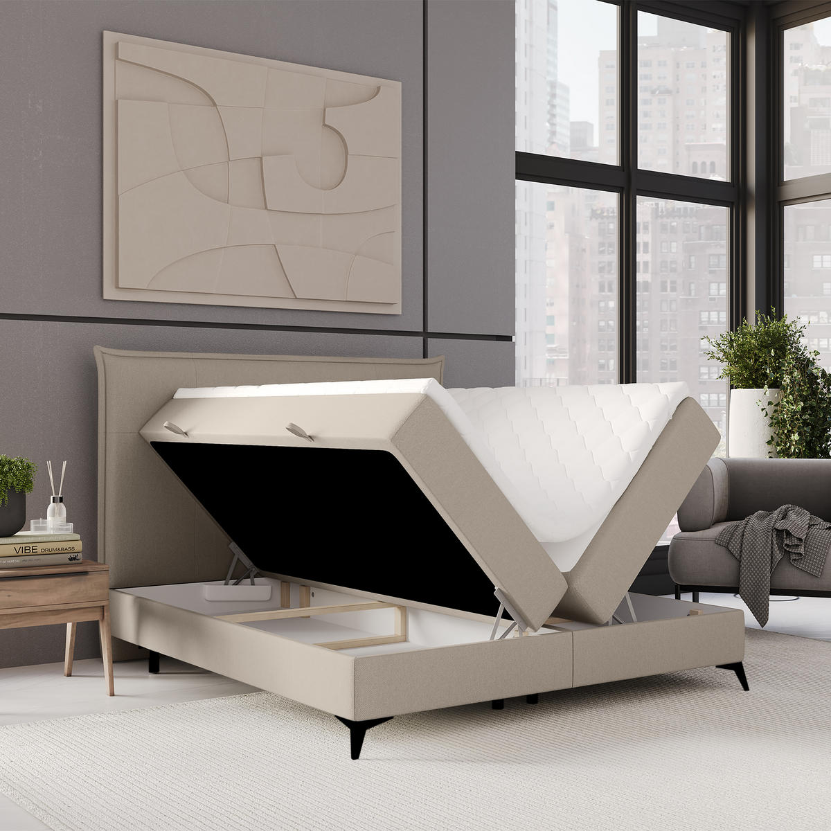BOXBETT Menzzo Beige 180/200 cm mit Matratze und Topper - Beige/Schwarz, Holz/Holzwerkstoff (180/200cm) - Maison de Reve