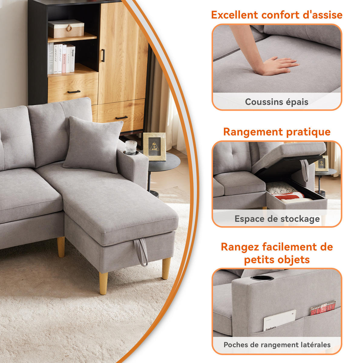 SOFA 3-Sitzer L-Form Chaiselongue Stauraum Getränkehalter - Grau, Holz (129/175cm) - FLIEKS