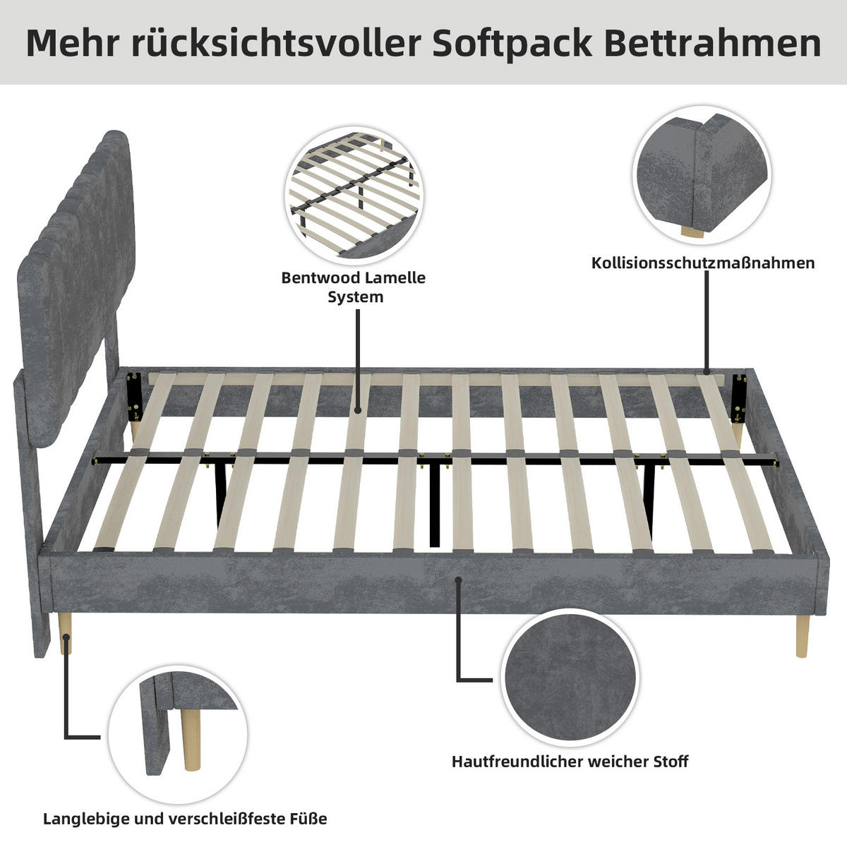 POLSTERBETT 140x200 cm ohne Stauraum grau - Grau, Textil (140/200cm) - LEBENLANG