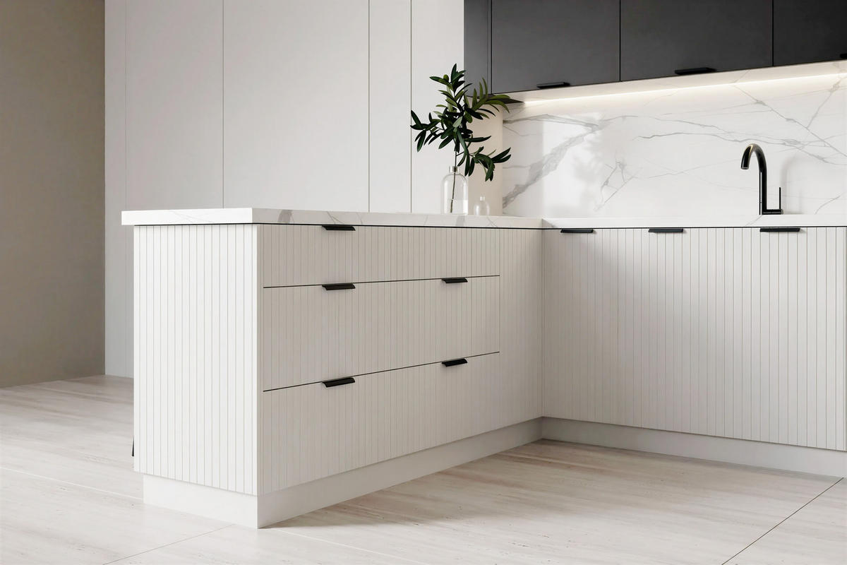 KÜCHENZEILE KS29-G390x260 – Kendro & Morvex - Effiziente Raumnutzung mit Stil - Schwarz/Weiß, Holz/Metall (390/213.3/260cm) - ROYAL24_MARKT