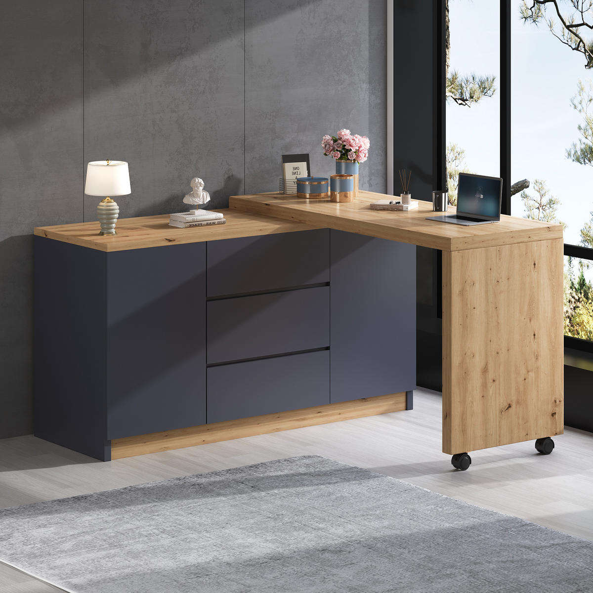 SCHREIBTISCH Rollen drehbar 4 cm Tischplatte Grau Eiche multifunktional - Multicolor, Holzwerkstoff (120/50/76.5cm) - FLIEKS