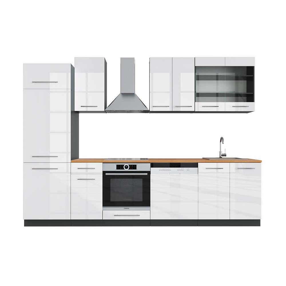 KÜCHENZEILE Fame-Line Weiß Hochglanz/Anthrazit 300 cm, AP Eiche - Weiß Hochglanz/Anthrazit, Holzwerkstoff (300/81.6/60cm) - Vicco
