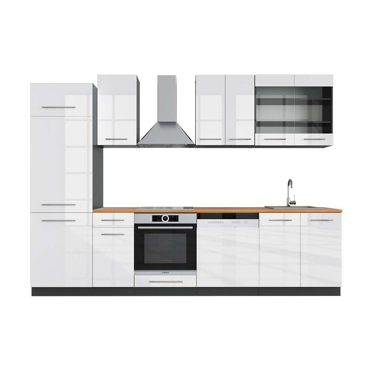 KÜCHENZEILE Fame-Line Weiß Hochglanz/Anthrazit 300 cm, AP Eiche - Weiß Hochglanz/Anthrazit, Holzwerkstoff (300/81.6/60cm) - Vicco