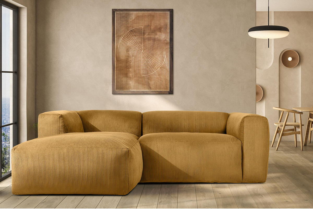 ECKMODULSOFA-LINKS BUFFO 3/4 Sitzer mit extrem weicher Sitzfläche, Kordstoff, gelb - Gelb, Textil (237/180cm) - KONSIMO®