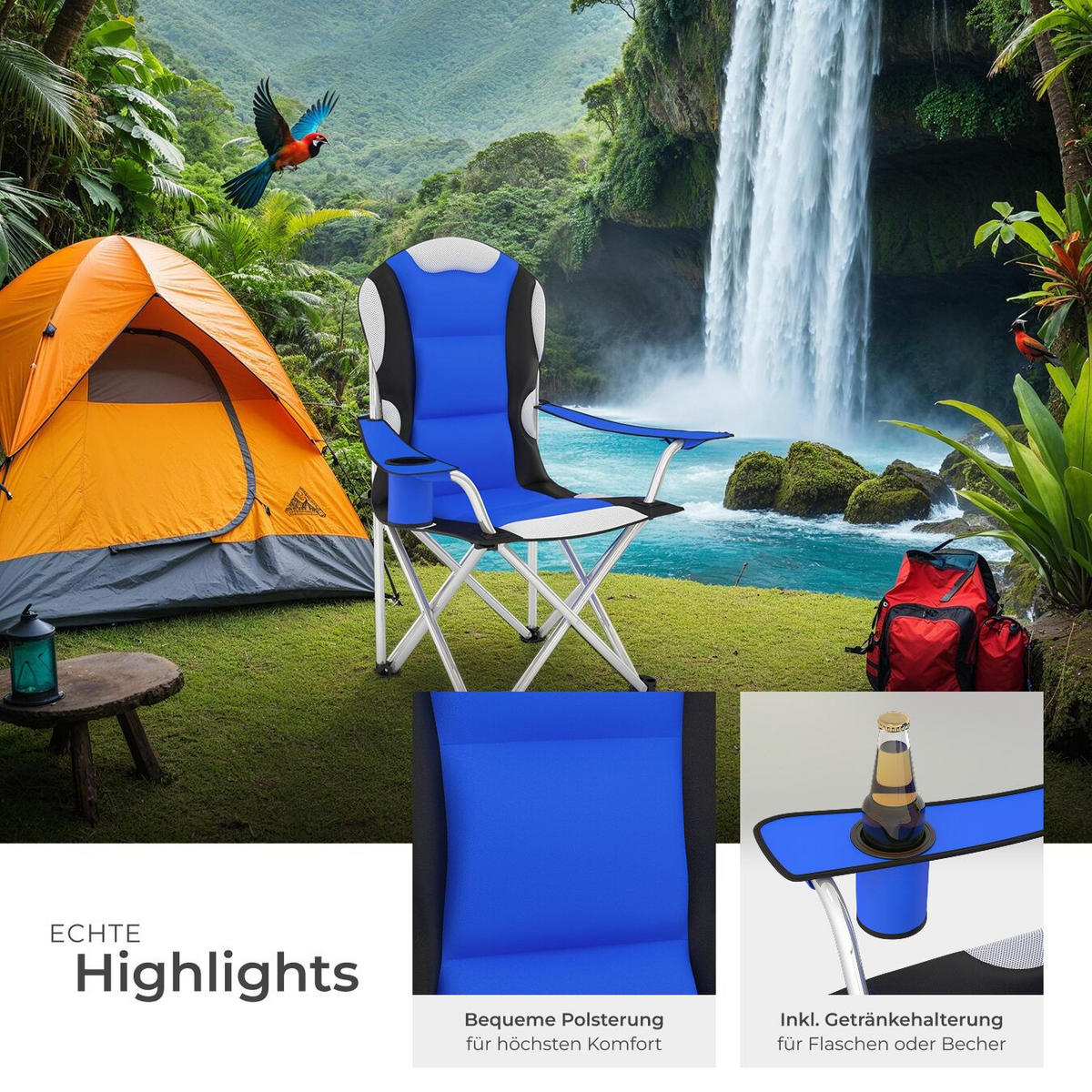 CAMPINGSTUHL 4er Set, 60 x 88 x 110 cm, blau - Blau, Textil (88/110/60cm) - tectake