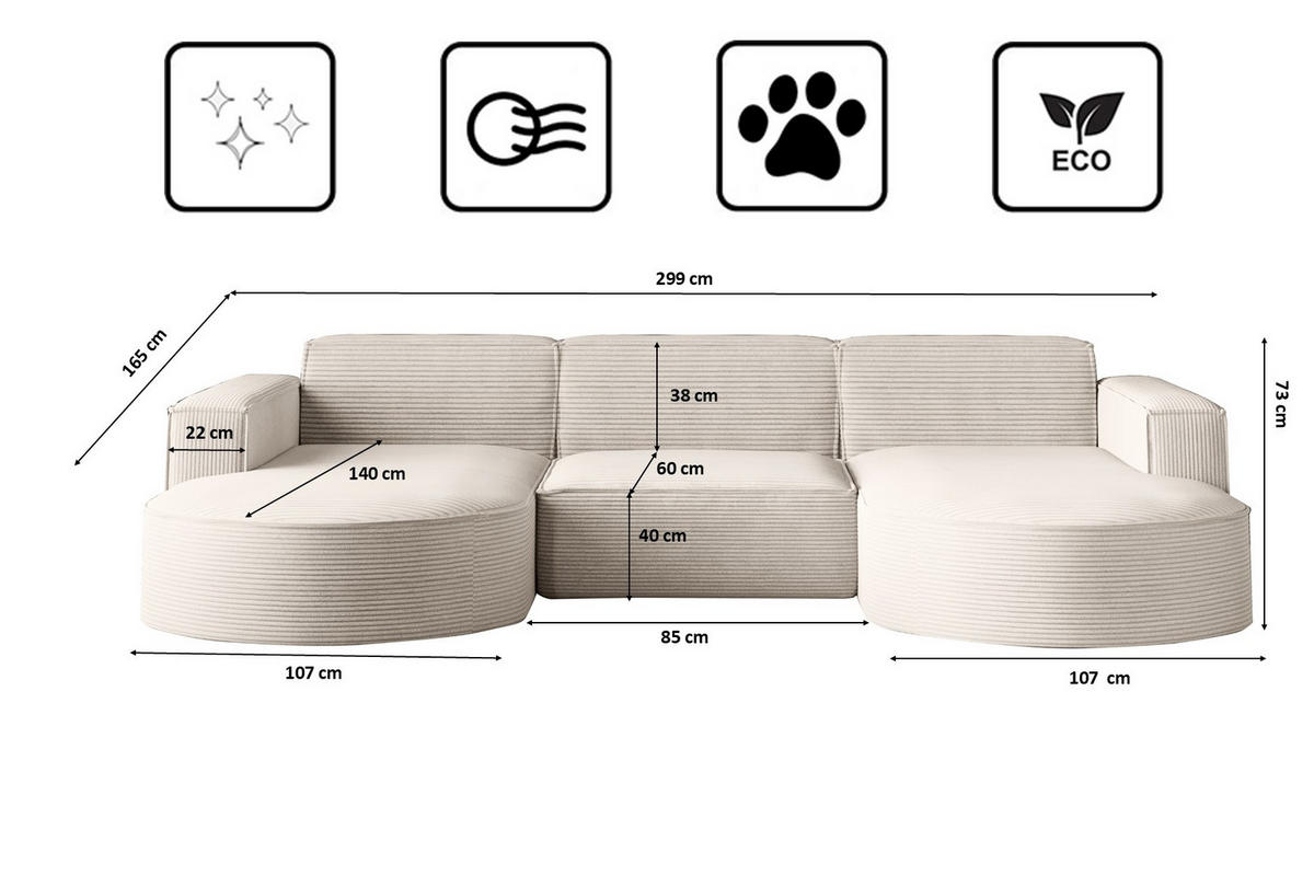 ECKSOFA Designer MODENA U STUDIO Stoff Dicker Cord Beige - Beige, Holz (165/299cm) - Kaiser Möbel