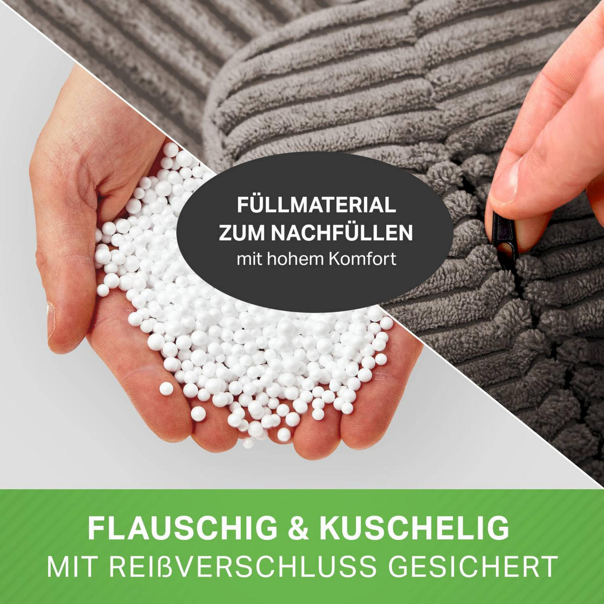 SITZSACK XXL "Square" aus Cord – 370 L - Anthrazit, Textil (140/25/180cm) - Green Bean