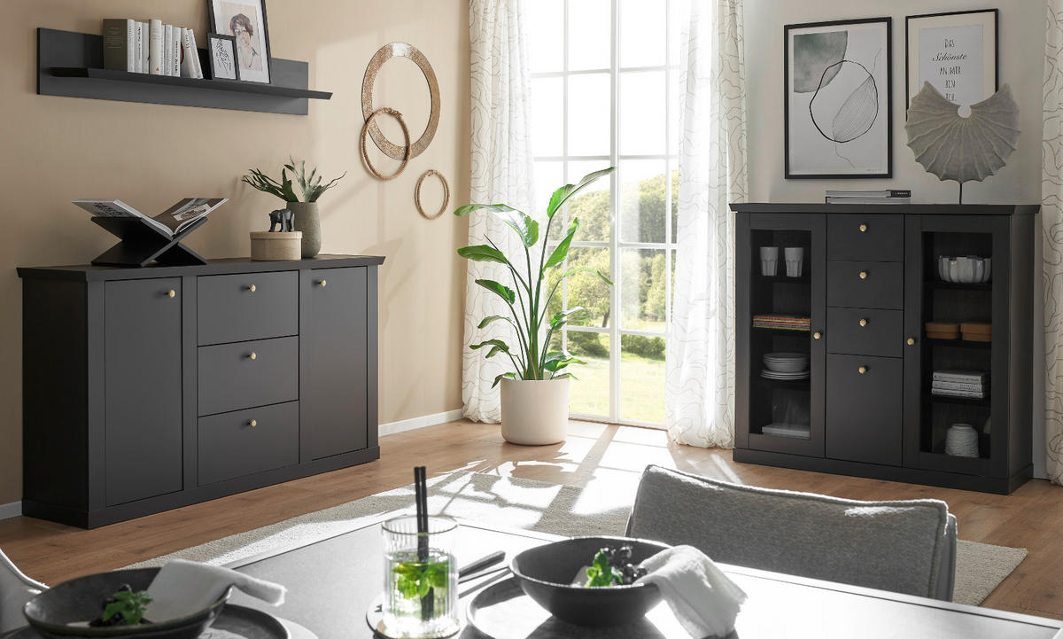 HIGHBOARD schwarz matt, Eiche 129 cm, Kommode Landhaus mit Soft-Close - Eichefarben/Messingfarben, Glas/Holzwerkstoff (129/117/42cm) - Furn.Design