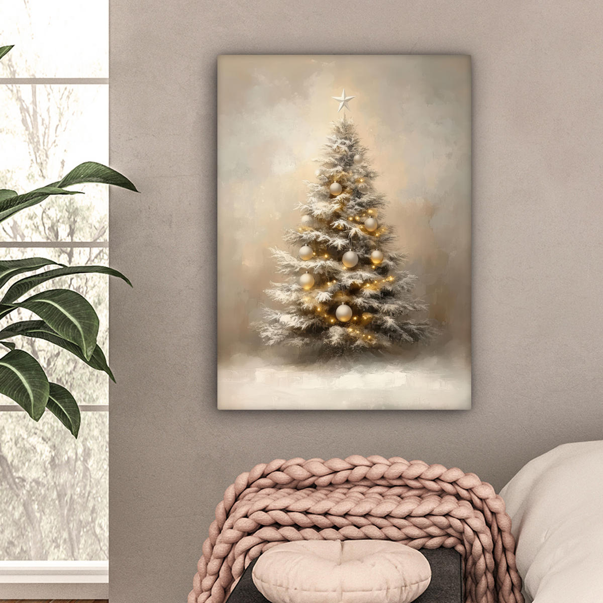 LEINWANDBILD Weihnachten - Weihnachtsbaum - Schnee - Kunst Wandbild Wohnzimmer 60x80 cm - Champagner, Textil (60/80cm) - MuchoWow