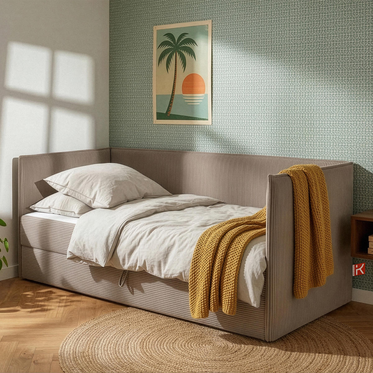 JUGENDBETT ROTI Einzelbett mit Bettkasten, 90x200cm, Bett mit Bonellmatratze, mit Rückenlehne - Beige/Schwarz, Holz/Holzwerkstoff (92/200cm) - KONSIMO®