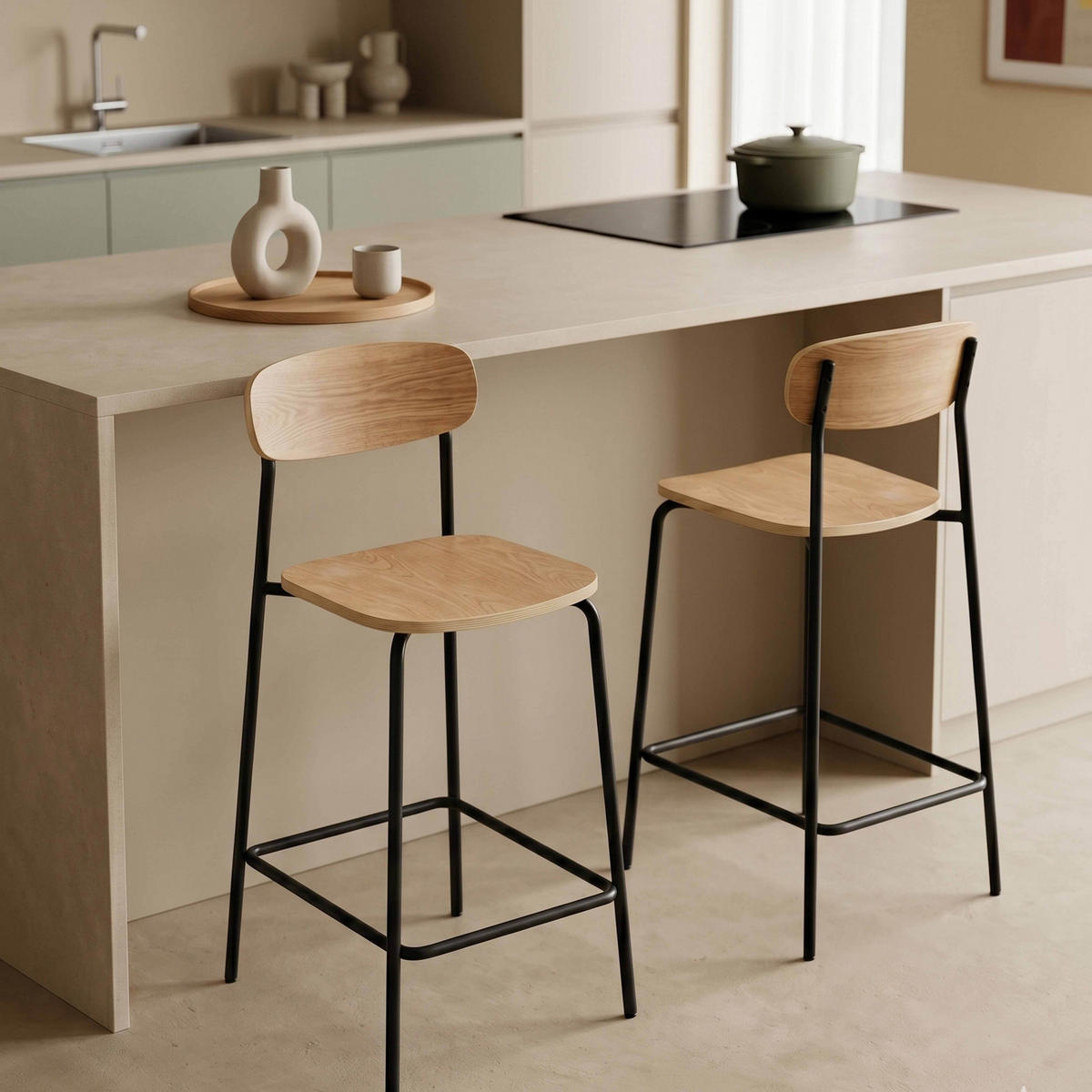 BARHOCKER 2-tlg., Schwarz - Schwarz, Holz/Metall (50/96/42cm) - Oviala