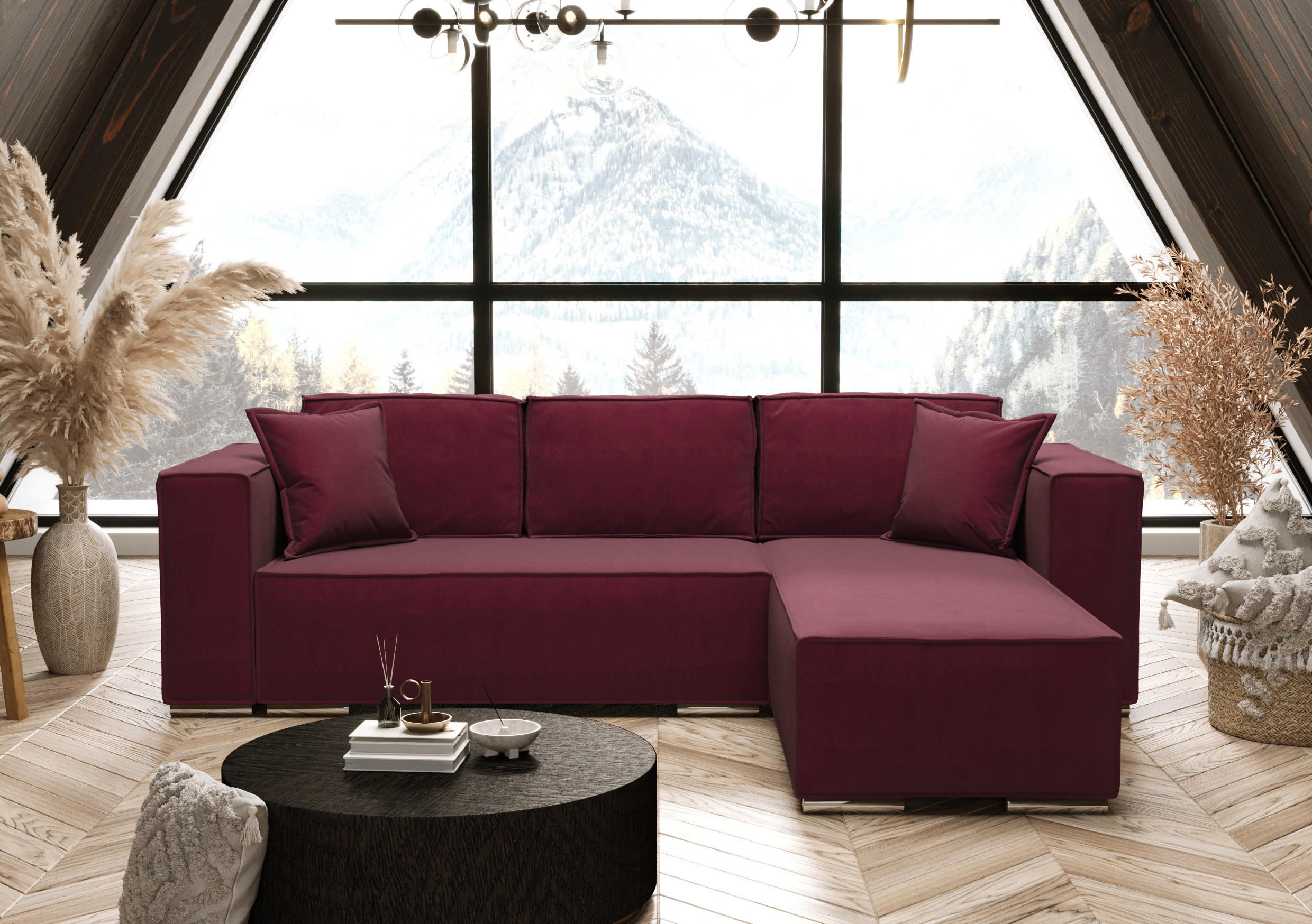 ECKSOFA L Form Vinoria Bordeaux 255/180/82 cm Rechts mit Schlaffunktion - Chromfarben/Bordeaux, Textil/Metall (255/180cm) - AX Living