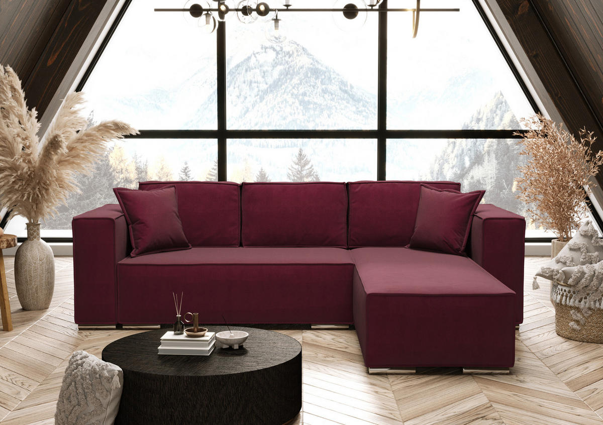 ECKSOFA L Form Vinoria Bordeaux 255/180/82 cm Rechts mit Schlaffunktion - Chromfarben/Bordeaux, Textil/Metall (255/180cm) - AX Living