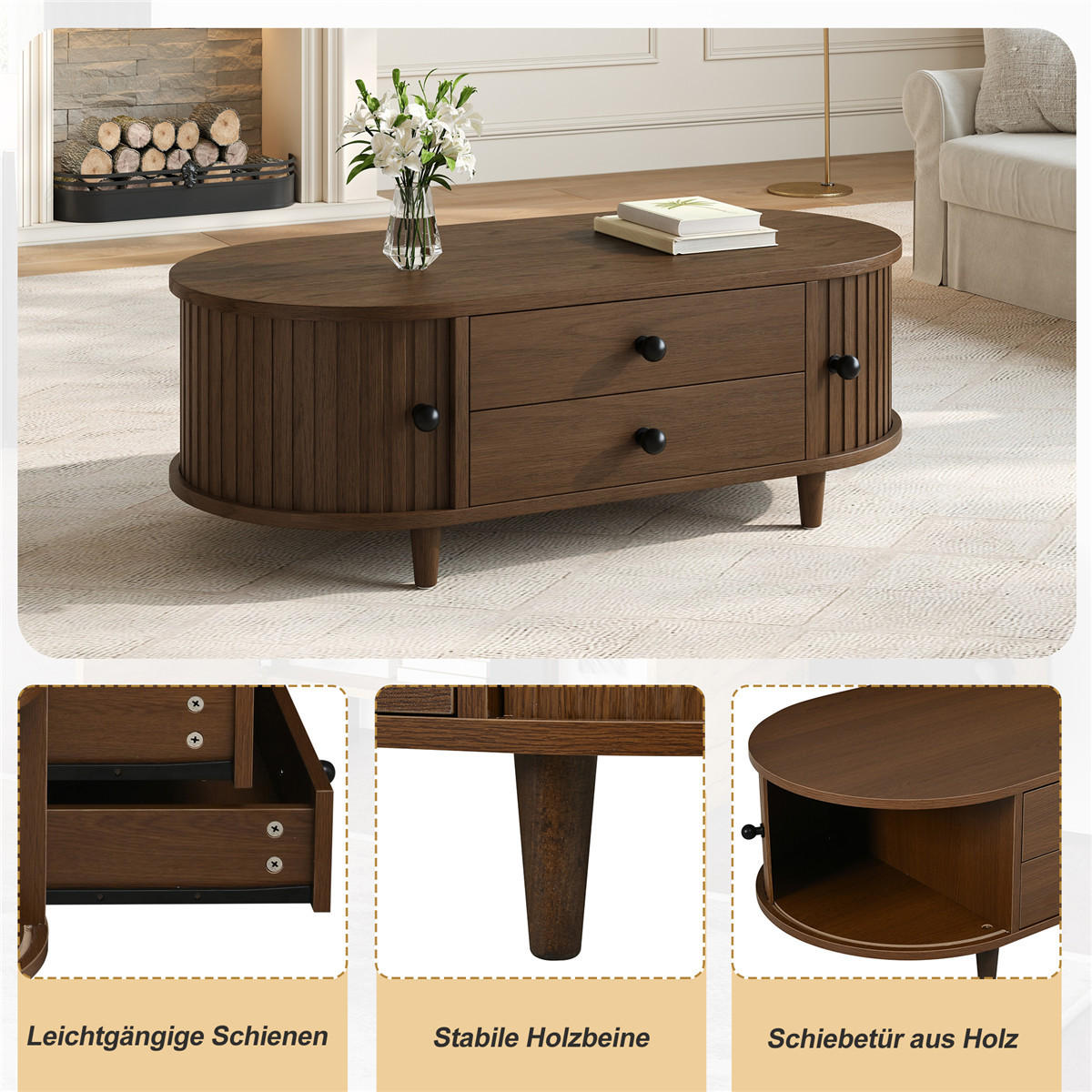 COUCHTISCH Walnuss 100/50/36 cm Schiebetüren Schubladen - Walnussfarben, Holz (50/100/36cm) - Kaket