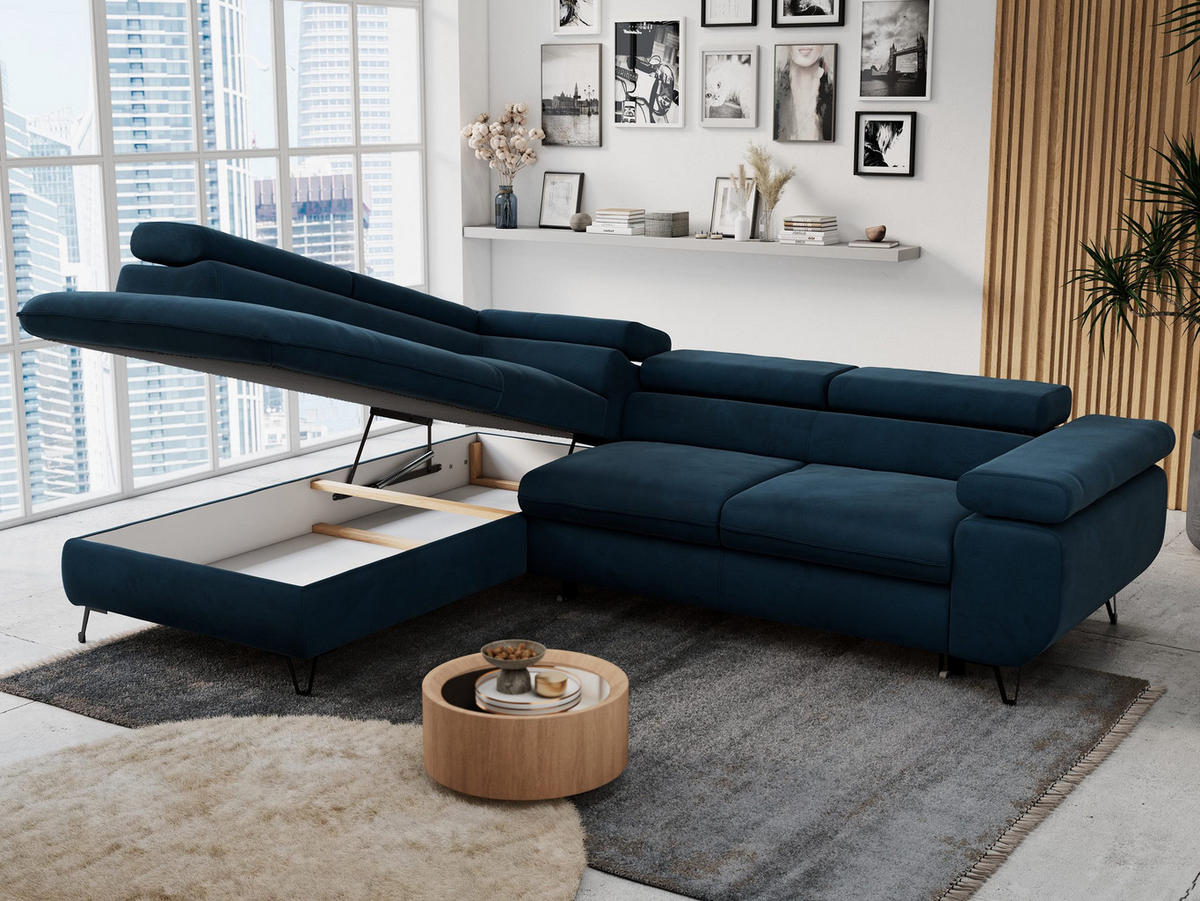 ECKSOFA PETER L Dunkelblau Velvet - Links Seite - Schwarz/Dunkelblau, Textil/Metall (208/273cm) - MKS