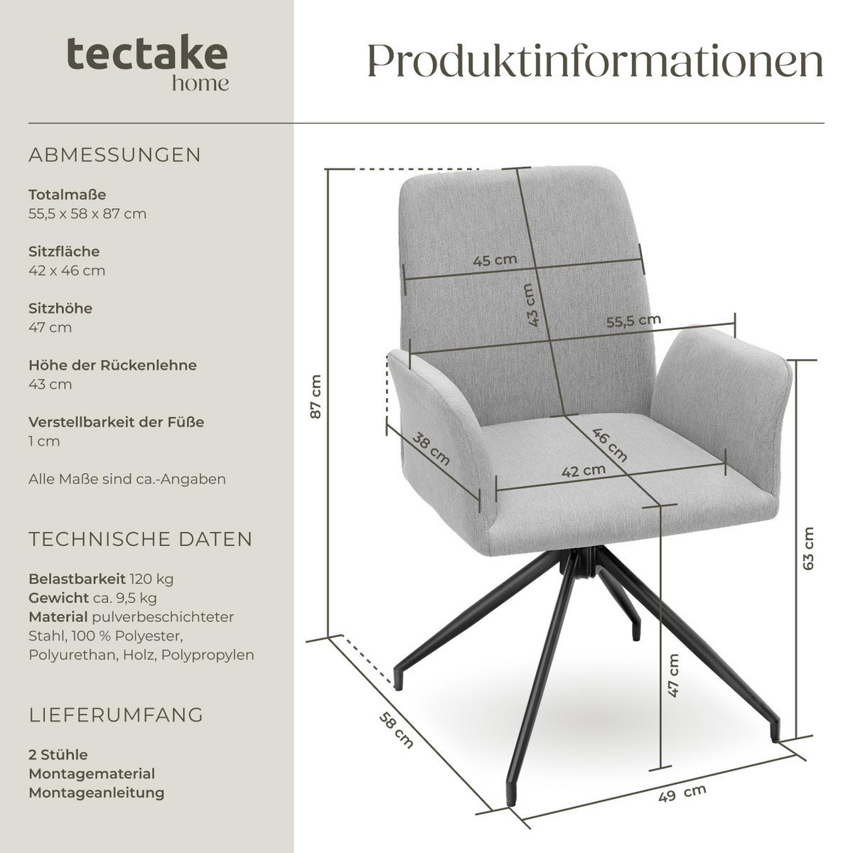 ARMLEHNSTUHL Drehbar Daya,55,5 x 58 x 87 cm,hellgrau - Hellgrau, Kunststoff (55.5/87/58cm) - tectake