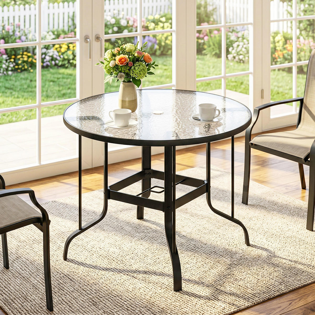 GARTENTISCH,RUND Sicherheitsglas mit Schirmloch Ø96,5x71cm,schwarz - Schwarz, Metall (96.5/96.5/71cm) - Vallsero