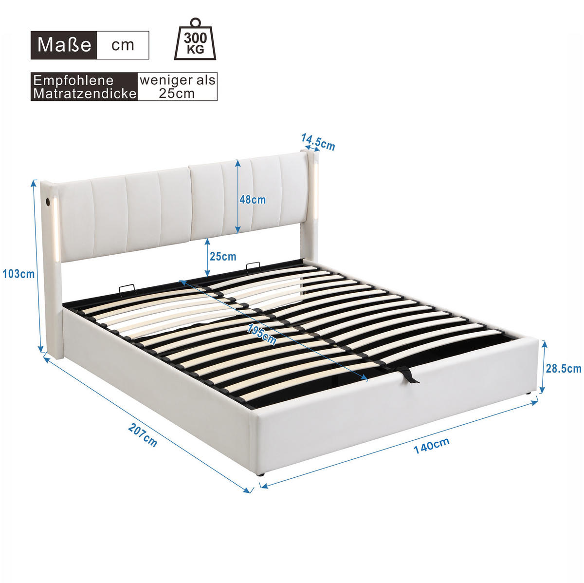 ČALOUNĚNÁ postel z PU 140x200 cm bílá s LED osvětlením, USB portem, úložným prostorem a polohovacím čelem - bílá, kůže (140/200cm) - Modfu