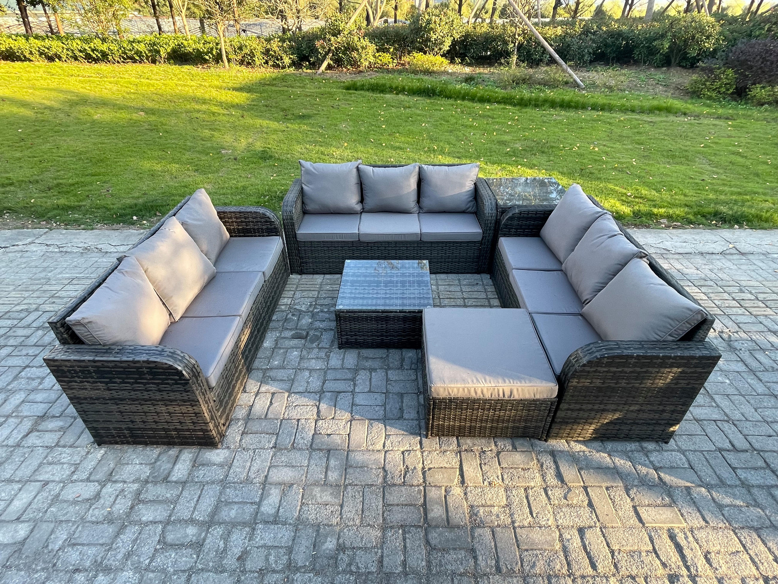 GARTENMÖBELGARNITUR mit KISSEN Polyrattan Dunkelgrau 10-Sitzer - Dunkelgrau/Grau, Glas/Kunststoff - Fimous