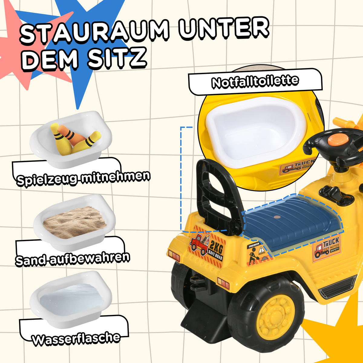 KINDER RUTSCHAUTO, Gelb+Schwarz, Kunststoff+ ABS - Gelb, Kunststoff (83/27/39cm) - HOMCOM