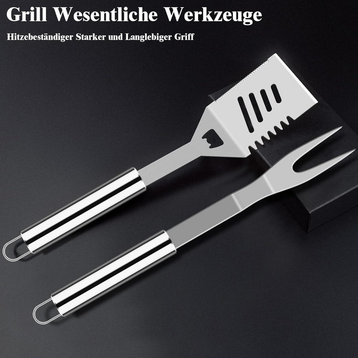 GRILLBESTECK Set 38-teilig Edelstahl mit Koffer und Grillmatte - Silberfarben, Metall (39cm)