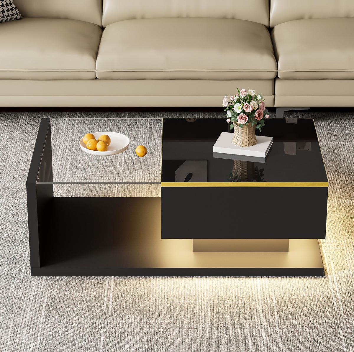 COUCHTISCH 90/50/32.5 cm Schwarz aus Spanplatte mit Glasplatte und LED-Beleuchtung - Schwarz, Holzwerkstoff (90/50/32.5cm) - OKMYHOME