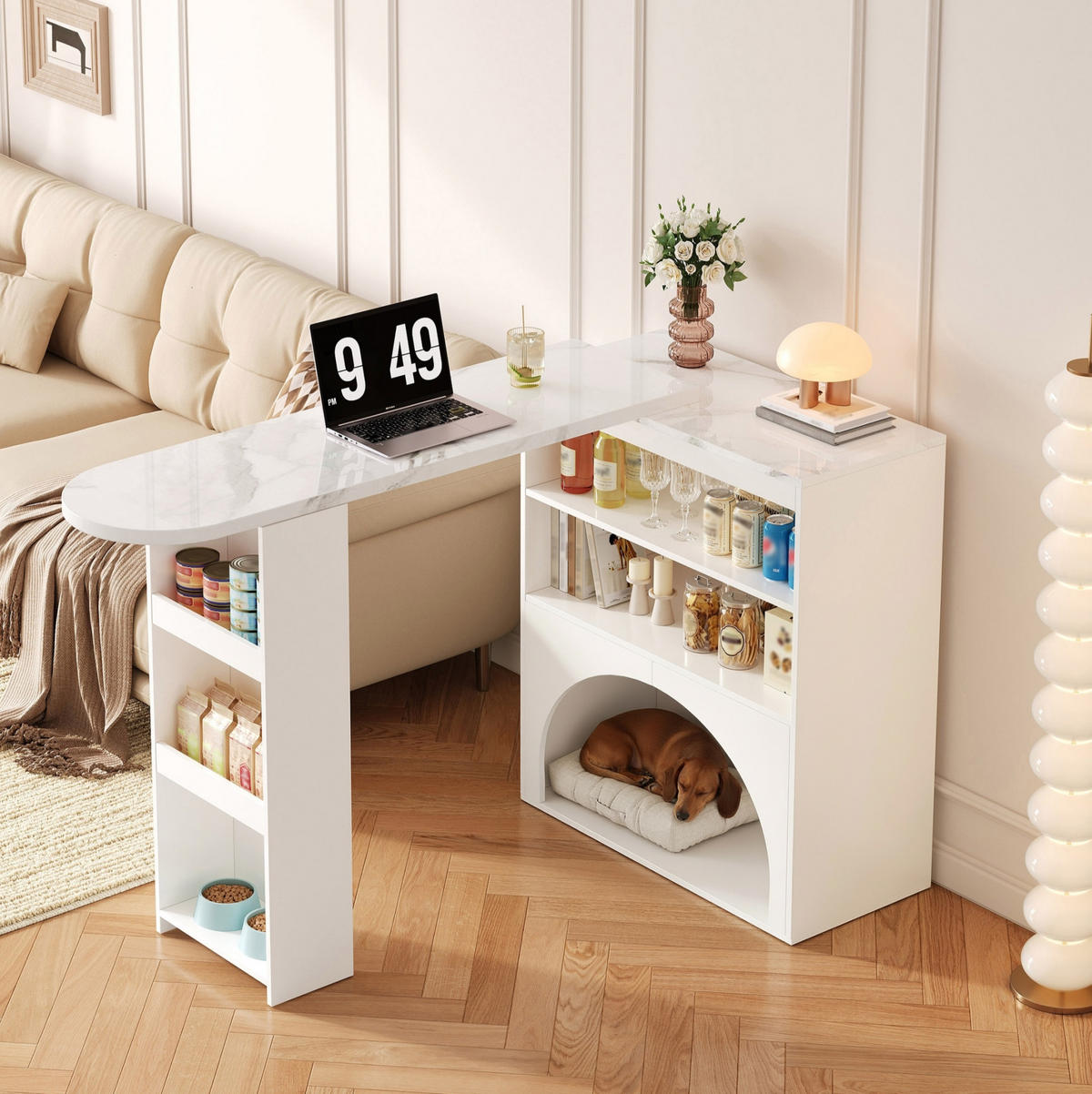 BARTISCH aus MDF 120(+80)x40x100 cm Weiß ausziehbar mit offenem Stauraum und integriertem Haustierbereich - Weiß, Holzwerkstoff (40/120/100cm) - Modfu