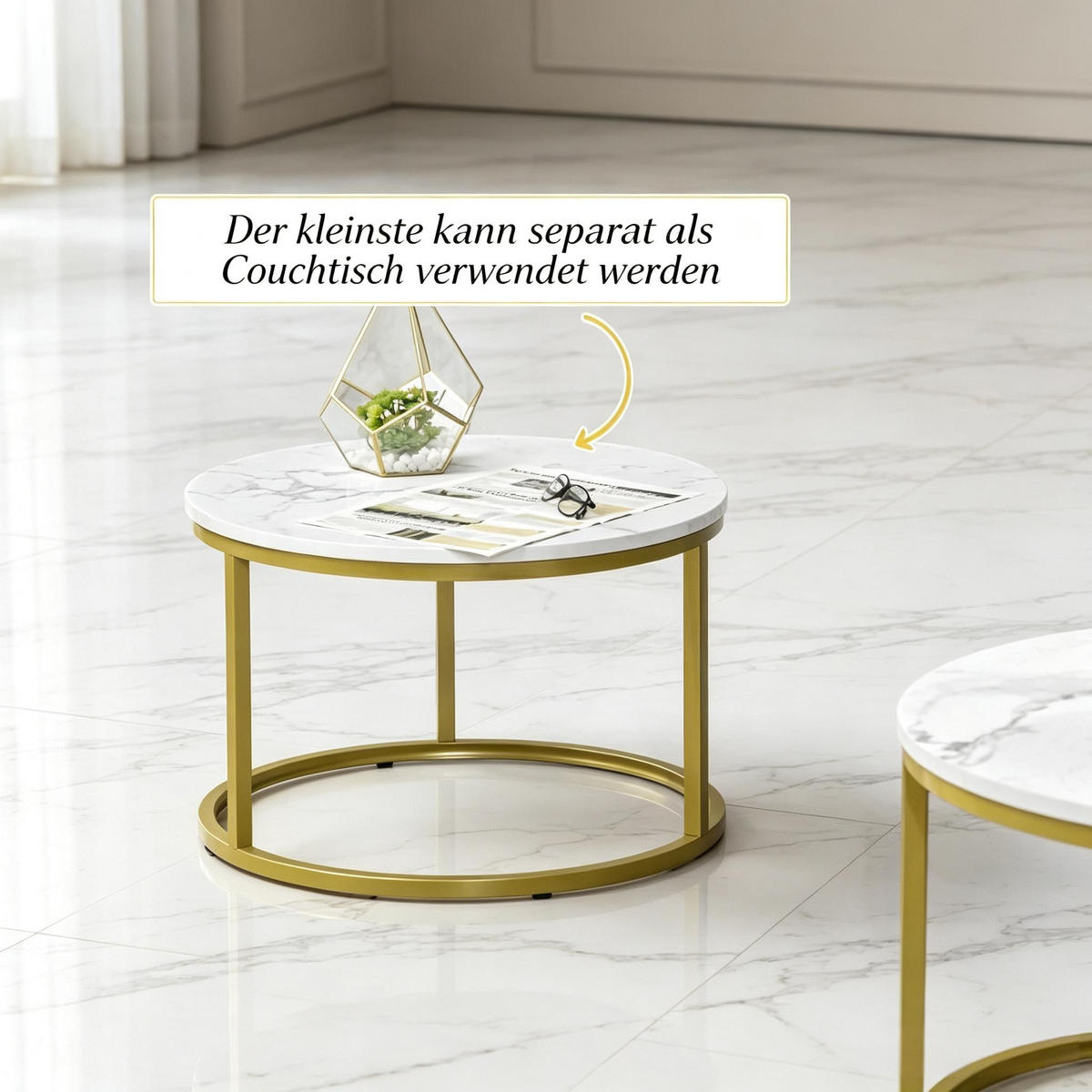 COUCHTISCH-SET 2-teilig Weiß/Gold Marmoroptik rund - Goldfarben/Weiß, Holzwerkstoff/Metall (74/74/46.3cm)