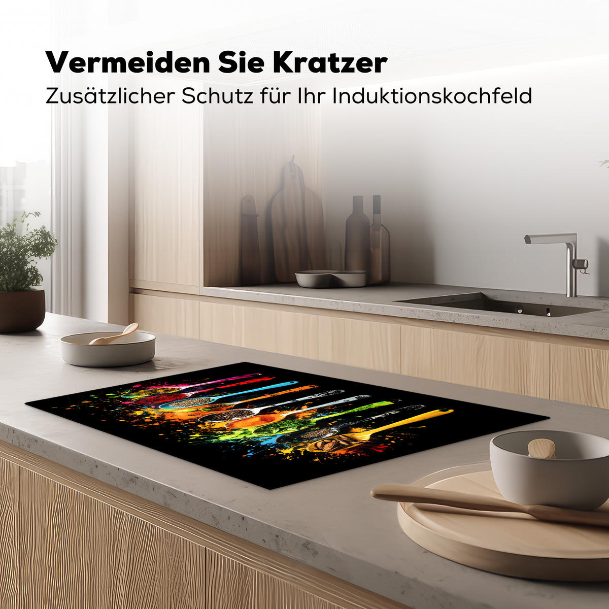 HERDABDECKPLATTE Löffel - Gewürze - Modern - Graffiti - Farbe - Farbenfroh Ceranfeldabdeckung 78x52 cm - Multicolor, Kunststoff (78/52/0.2cm) - MuchoWow