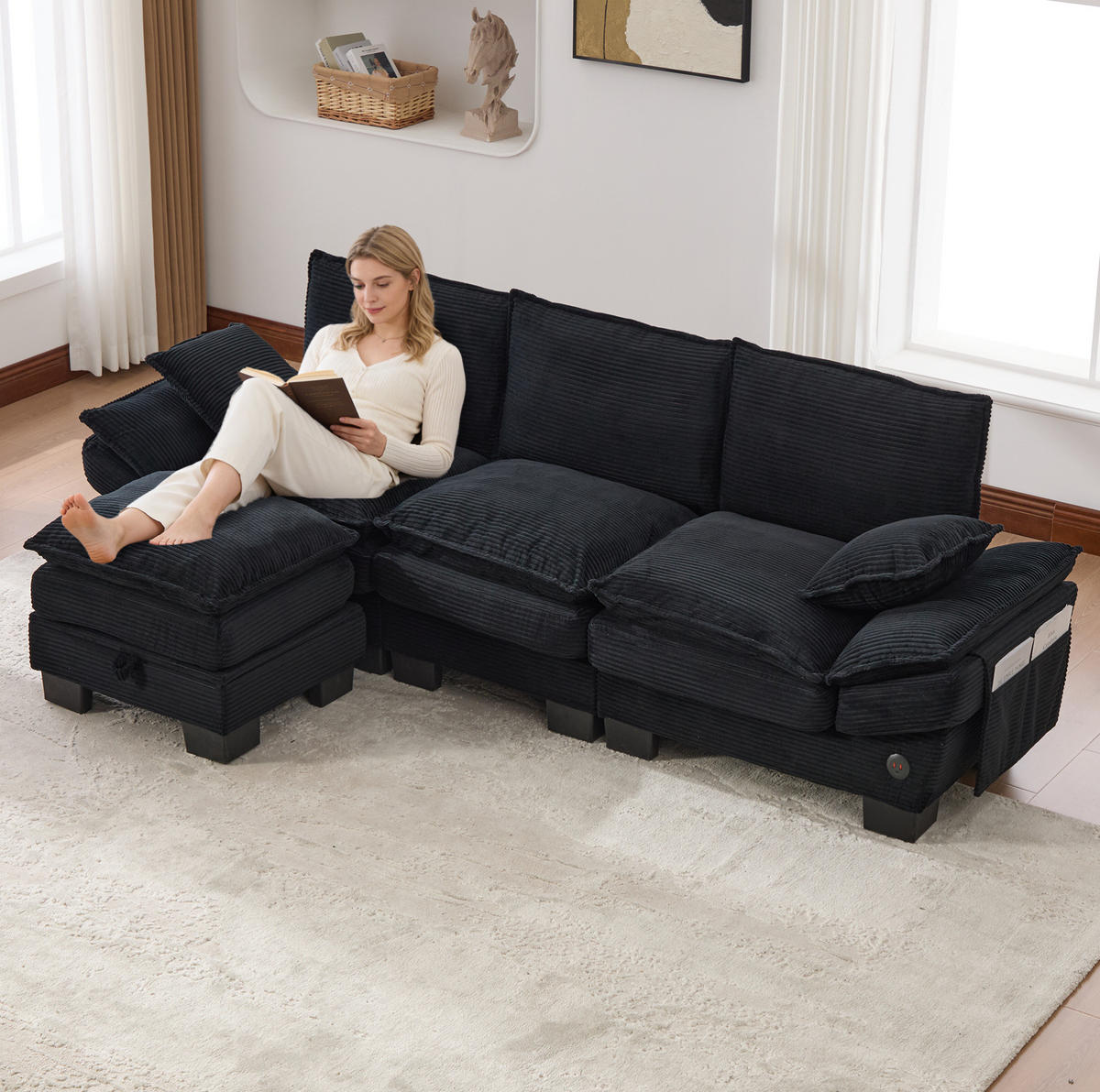 ECKSOFA aus Cord 260x132x84 cm in Schwarz mit Hocker & USB-C - Schwarz, Textil (132/260cm) - Modfu
